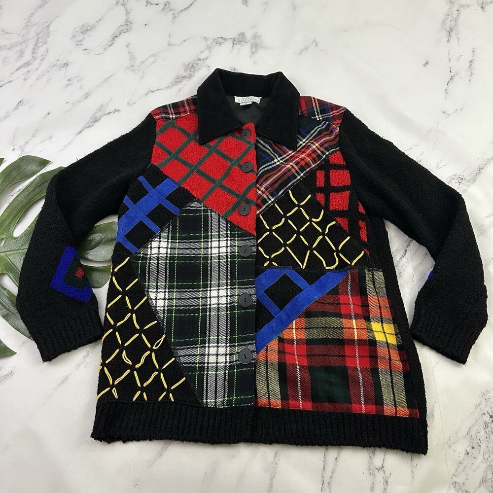 Sandy Stackman Womens Vintage 90s Sweater Jacket Size M Black Red Plaid Suede